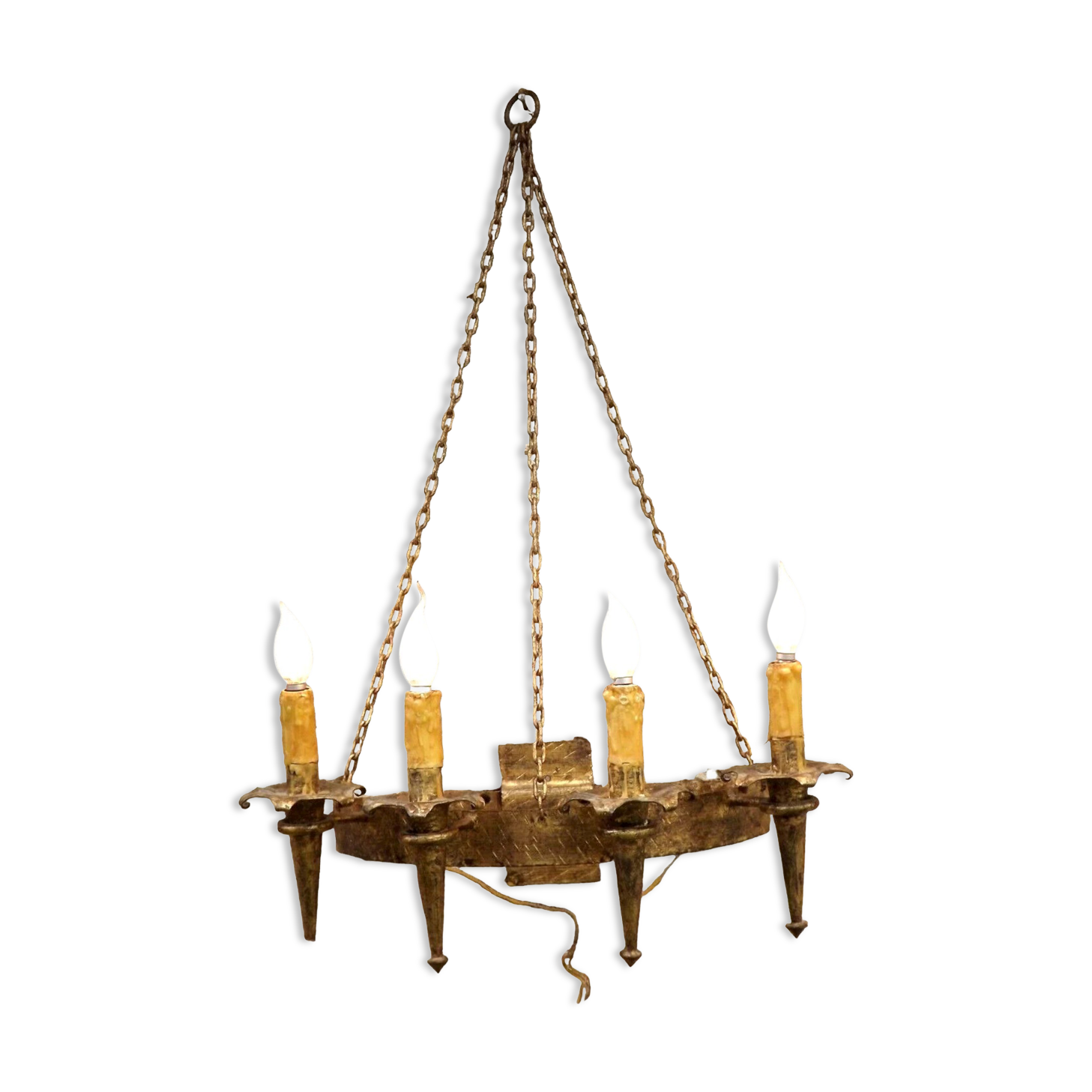 French medieval gold hand forged wrought iron 4 light hanging wall light 3894