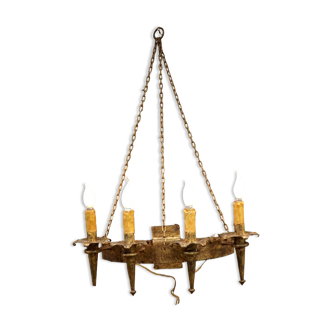 French medieval gold hand forged wrought iron 4 light hanging wall light 3894