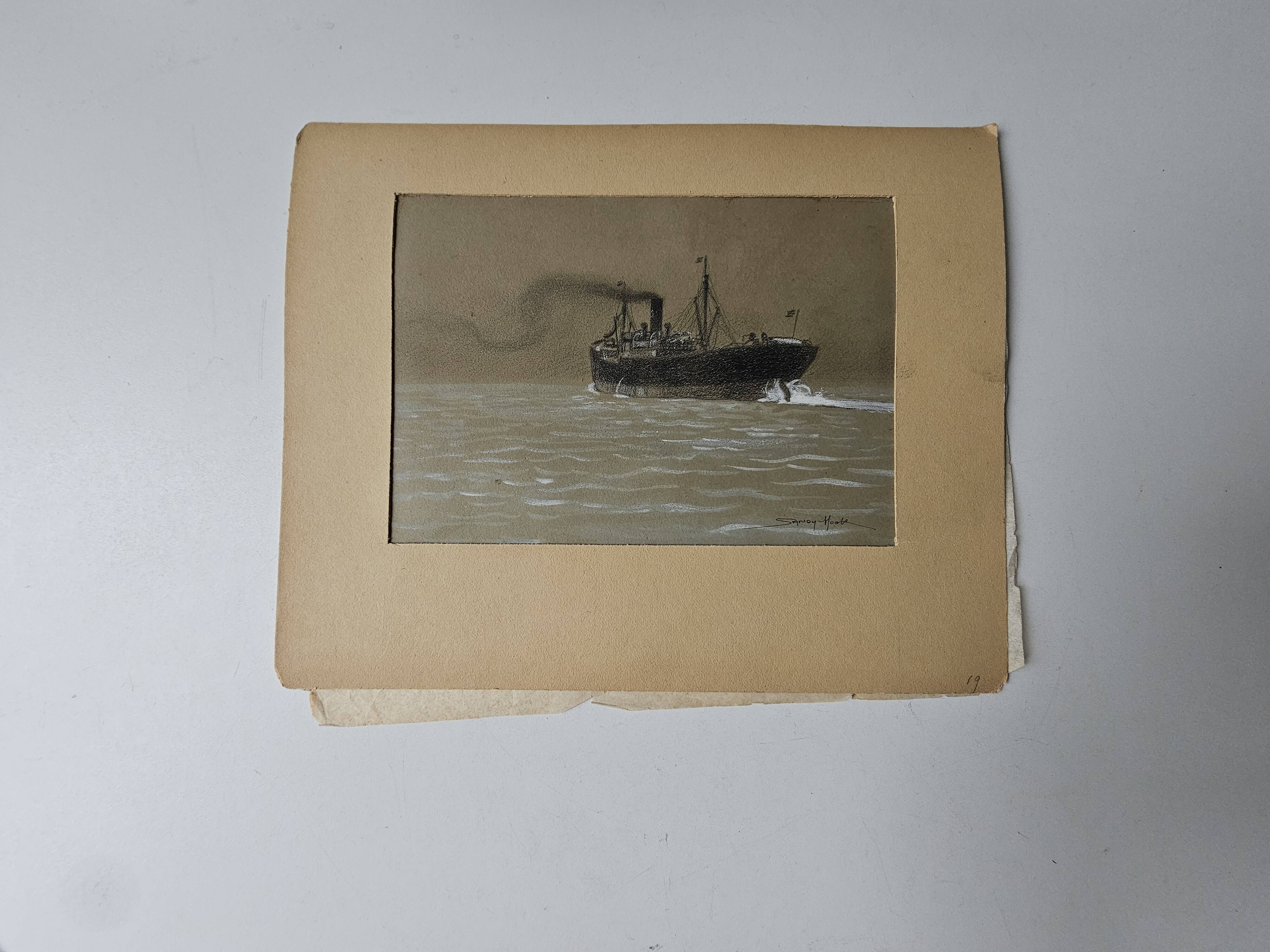 Watercolor of the Black Ocean Liner at Sea Signed TABOUREAU Georges known as Sandy-Hook (1879)