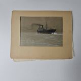 Watercolor of the Black Ocean Liner at Sea Signed TABOUREAU Georges known as Sandy-Hook (1879)