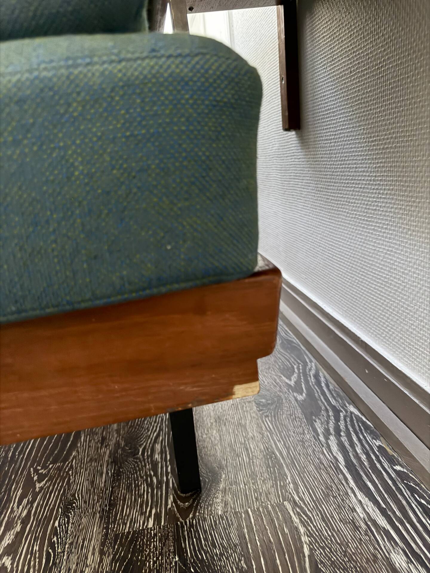 Vintage wooden sofa – modernist design, green mottled fabric