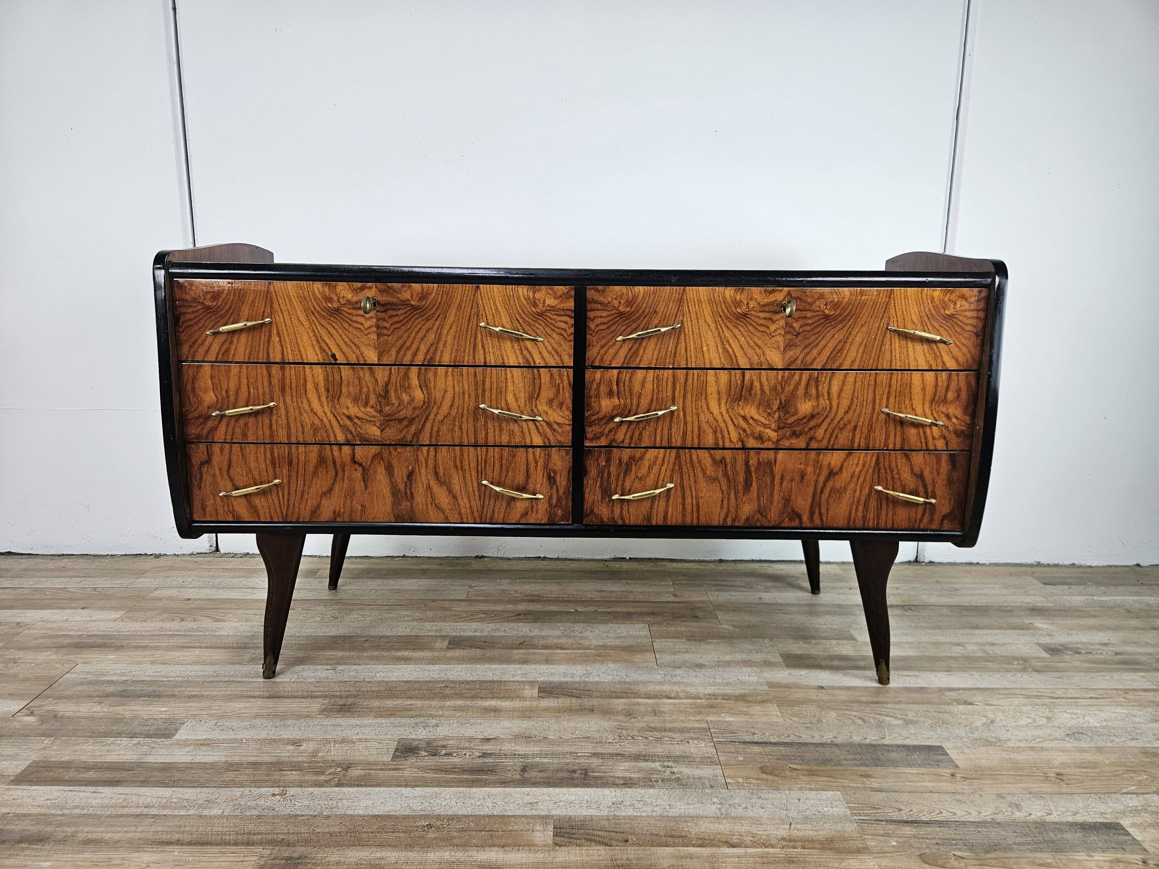1950s six-drawer chest of drawers with glass top