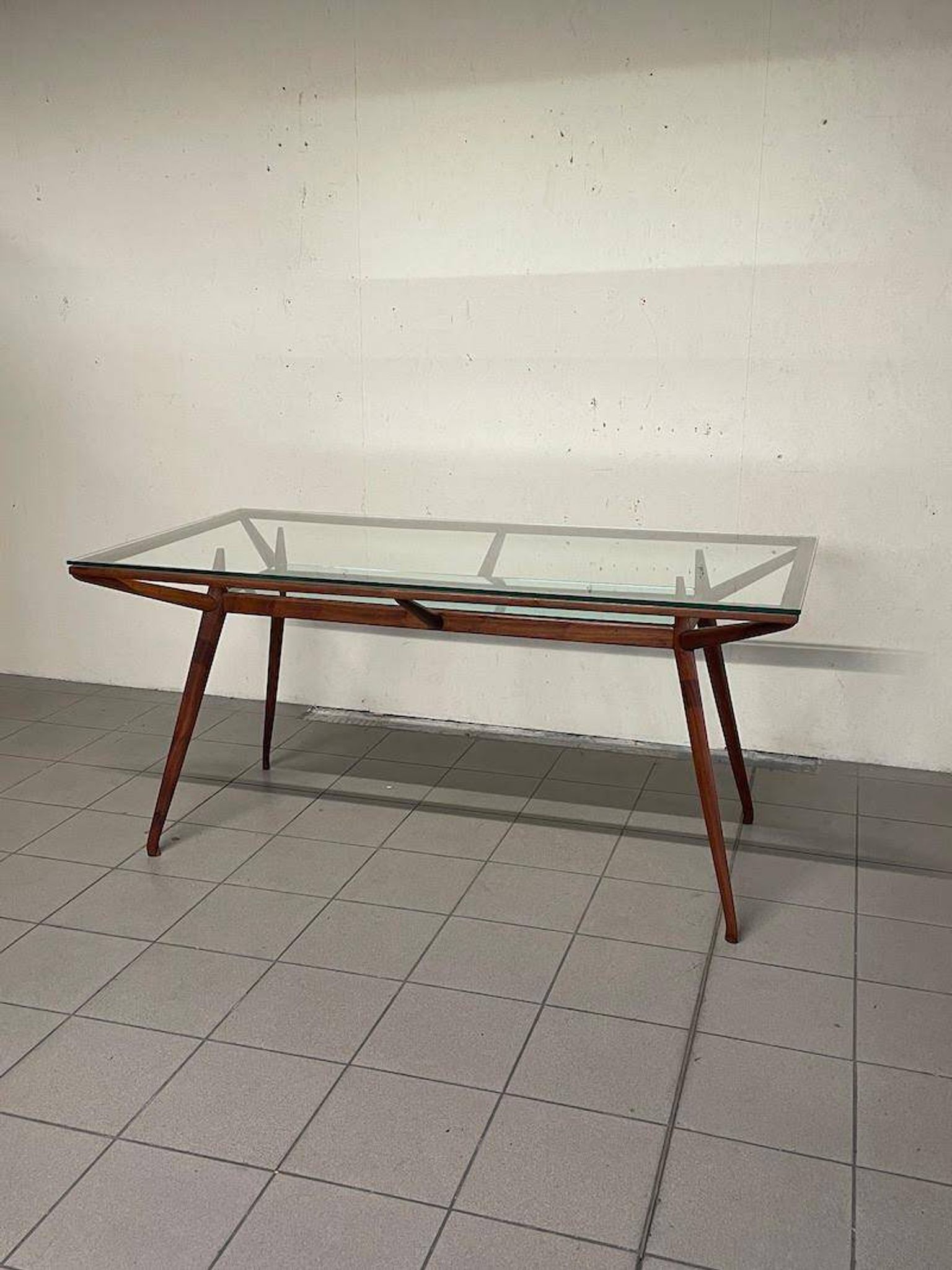 1950s Italian Wooden Table with Double Glass Top