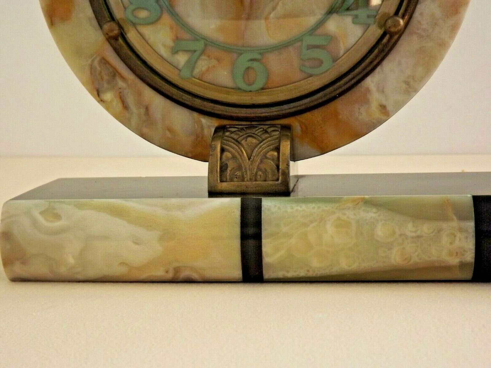 French Art Deco Clock Marble Onyx & Brass With A Bronzed Spelter Gazelle