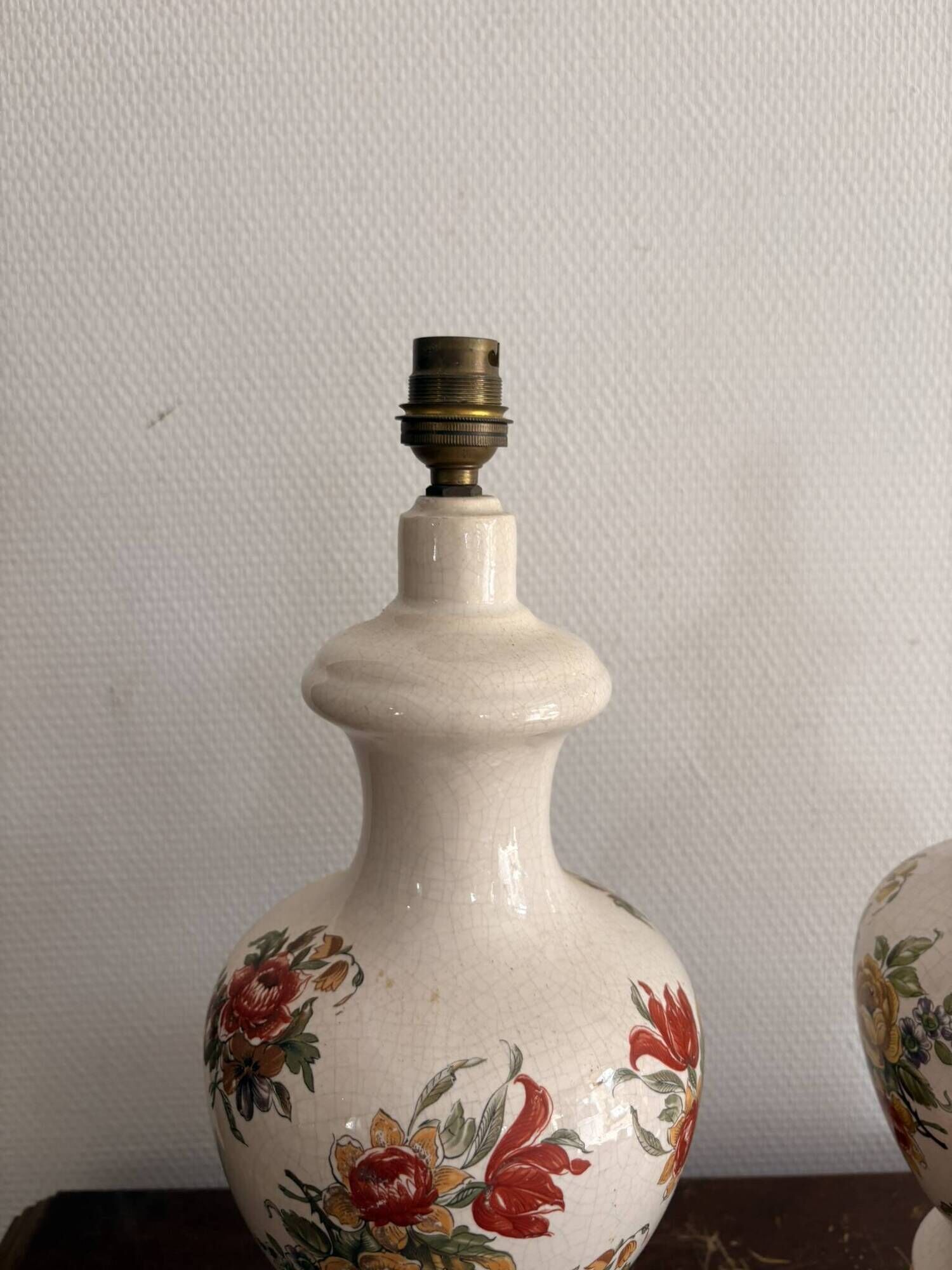 Antique Pair of Ceramic Floral Bulbous Lamps Shabby Chic
