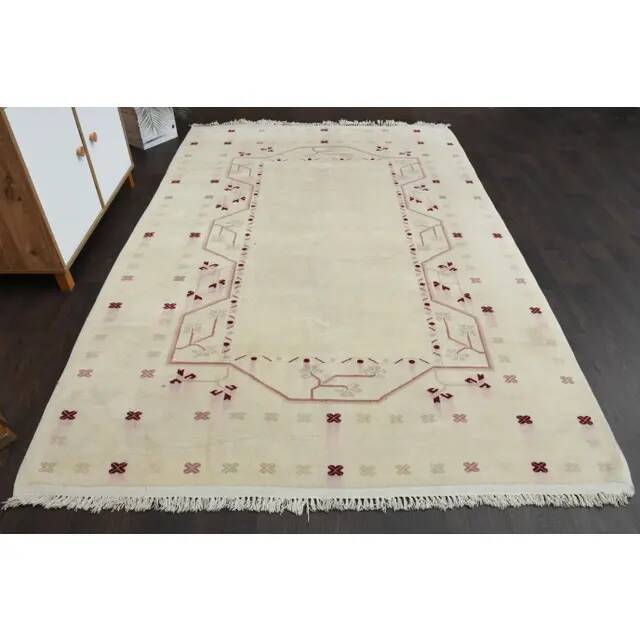 1970s vintage Turkish Oushak handmade wool cotton beige area rug 176x267