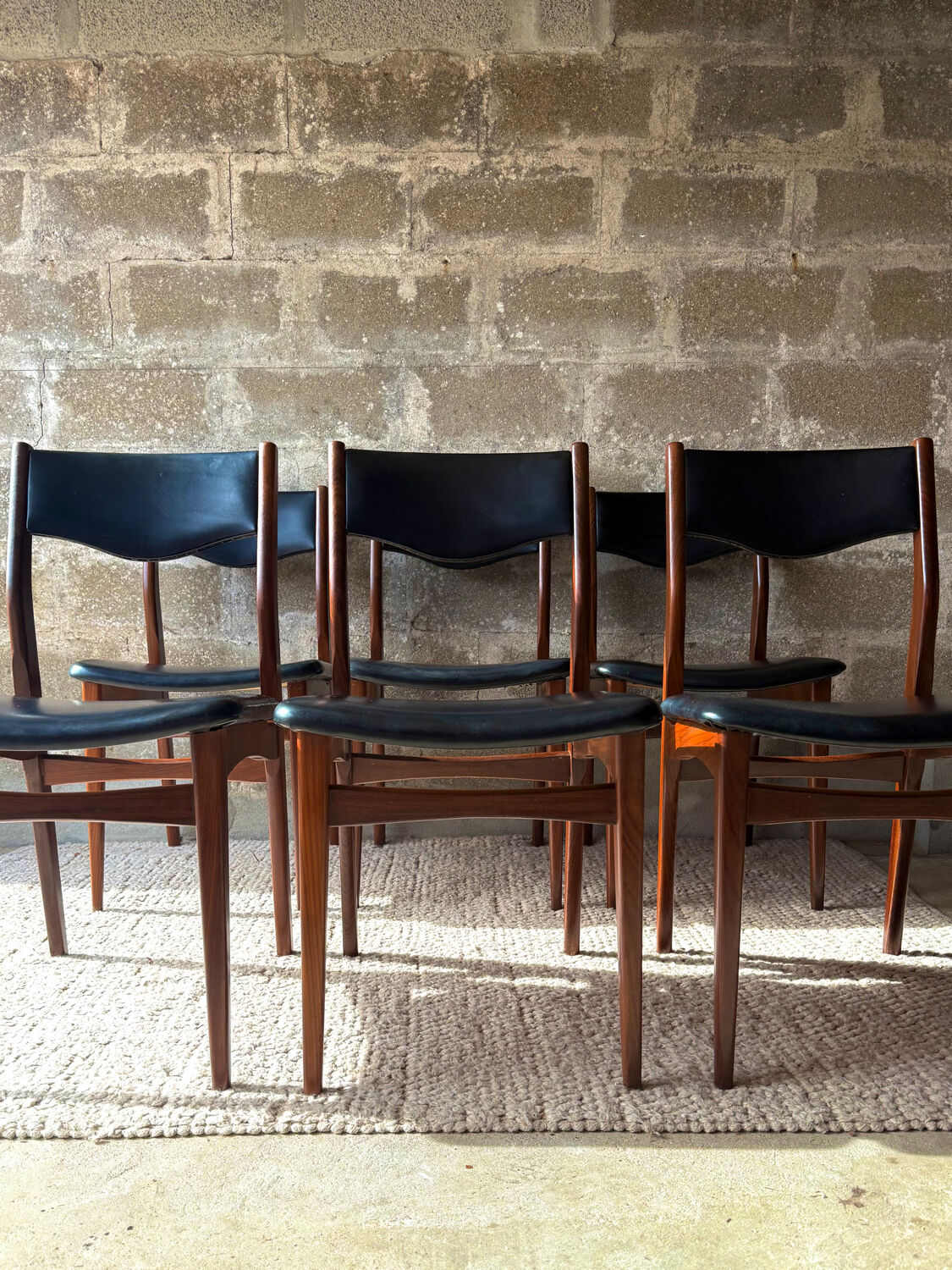 Scandinavian teak chairs, black faux leather (x6)