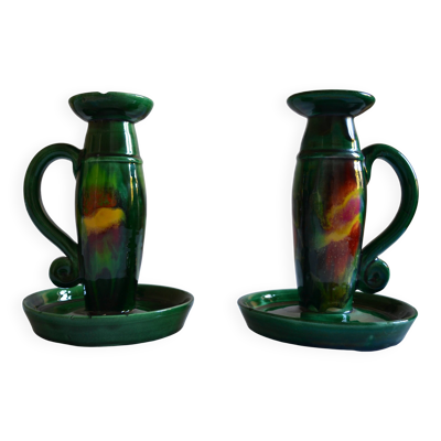 Paire de pieds de lampe vintage forme bougeoirs Vallauris France 1970