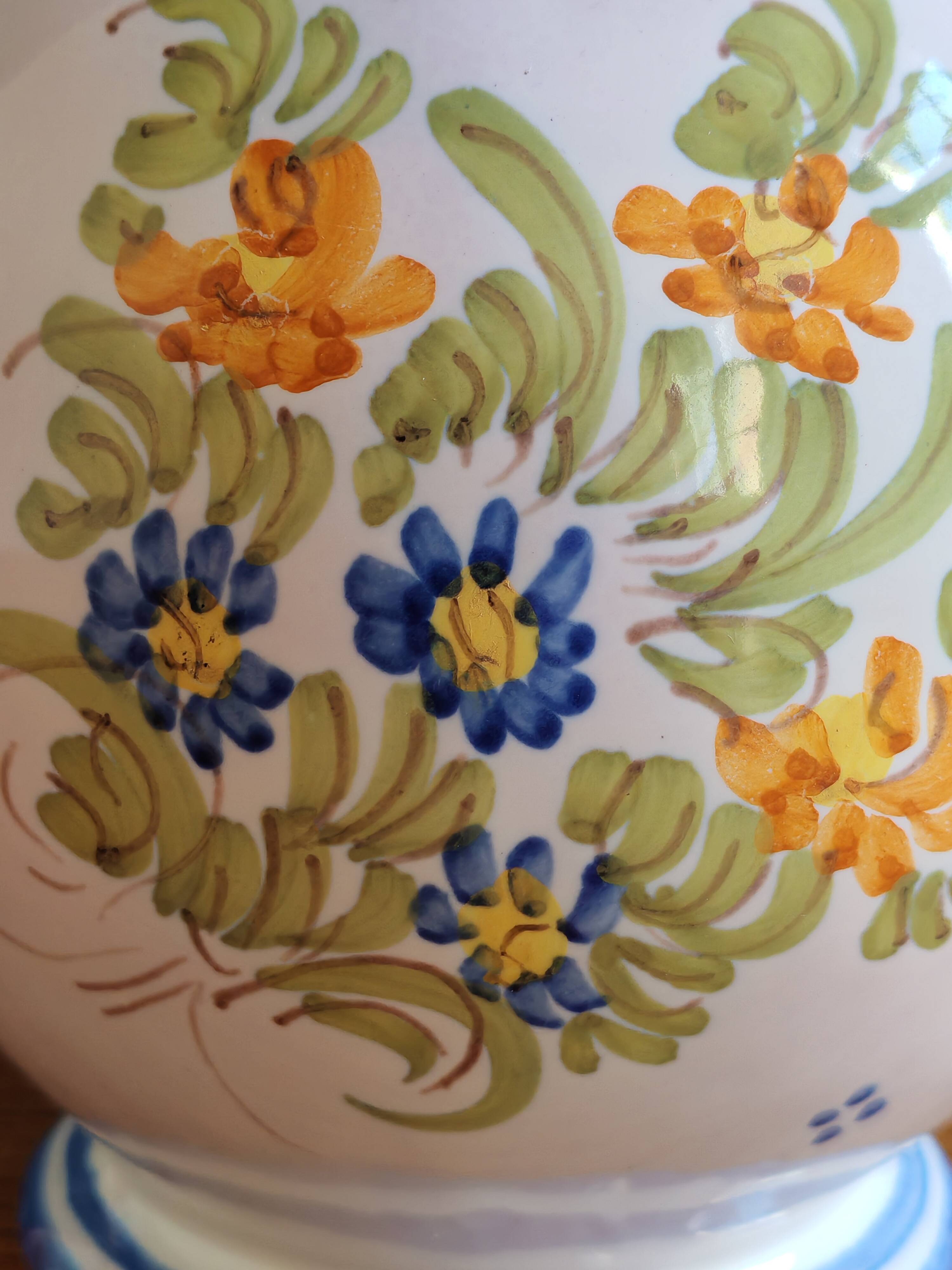 Vintage Glazed Earthenware Ewer/Pitcher – Hand-Painted Floral Decoration