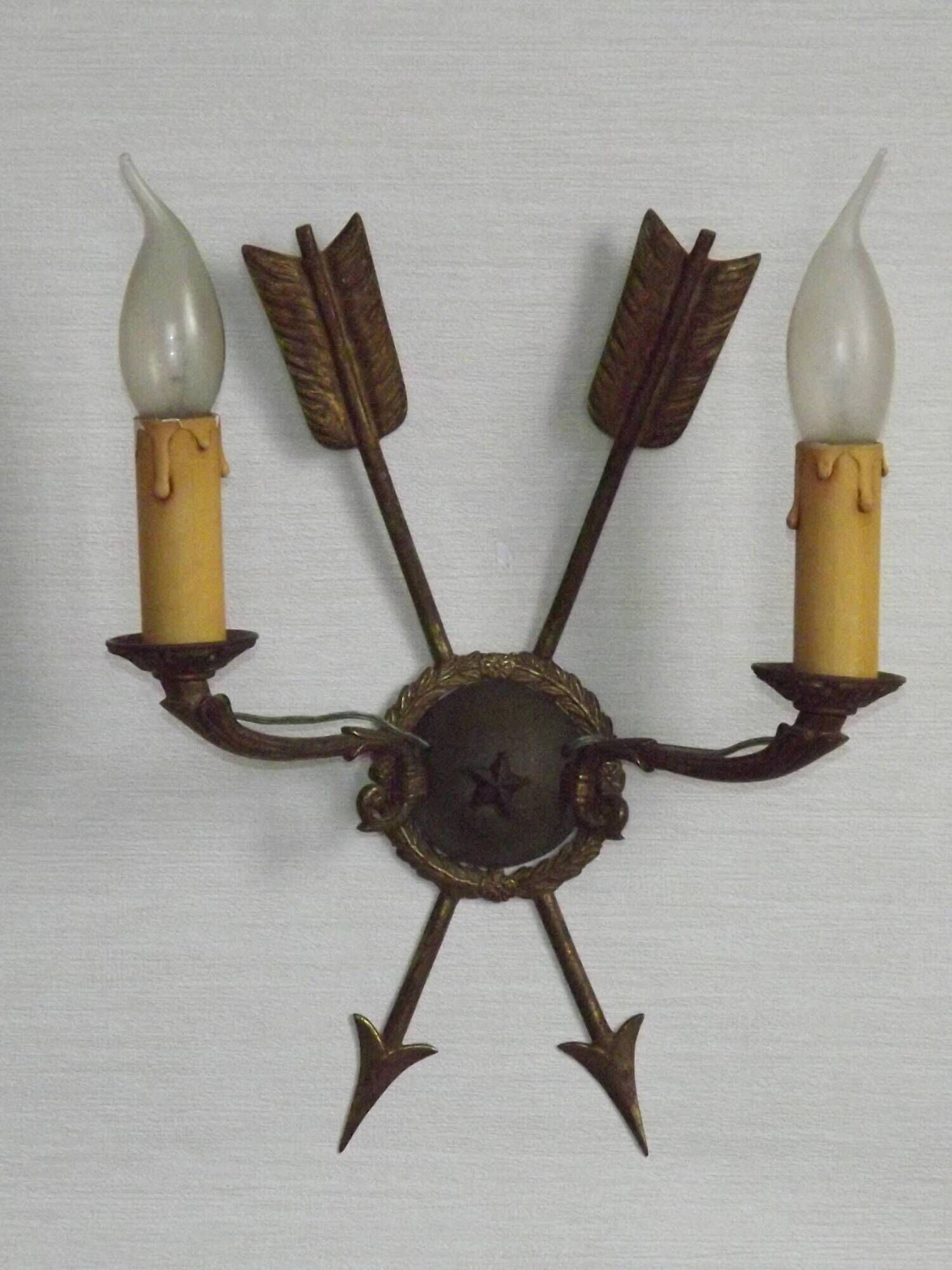 French Vintage Bronze Empire Arrow & Quiver Criss Cross Double Wall Sconces