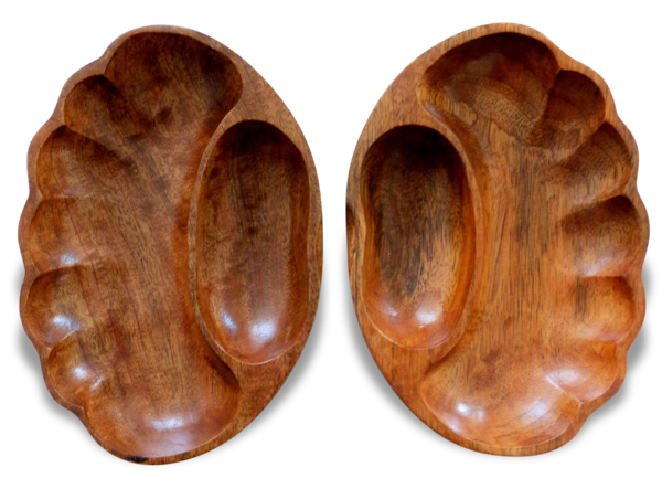 2 Coupelles en bois à compartiment forme coquillage vintage 70's