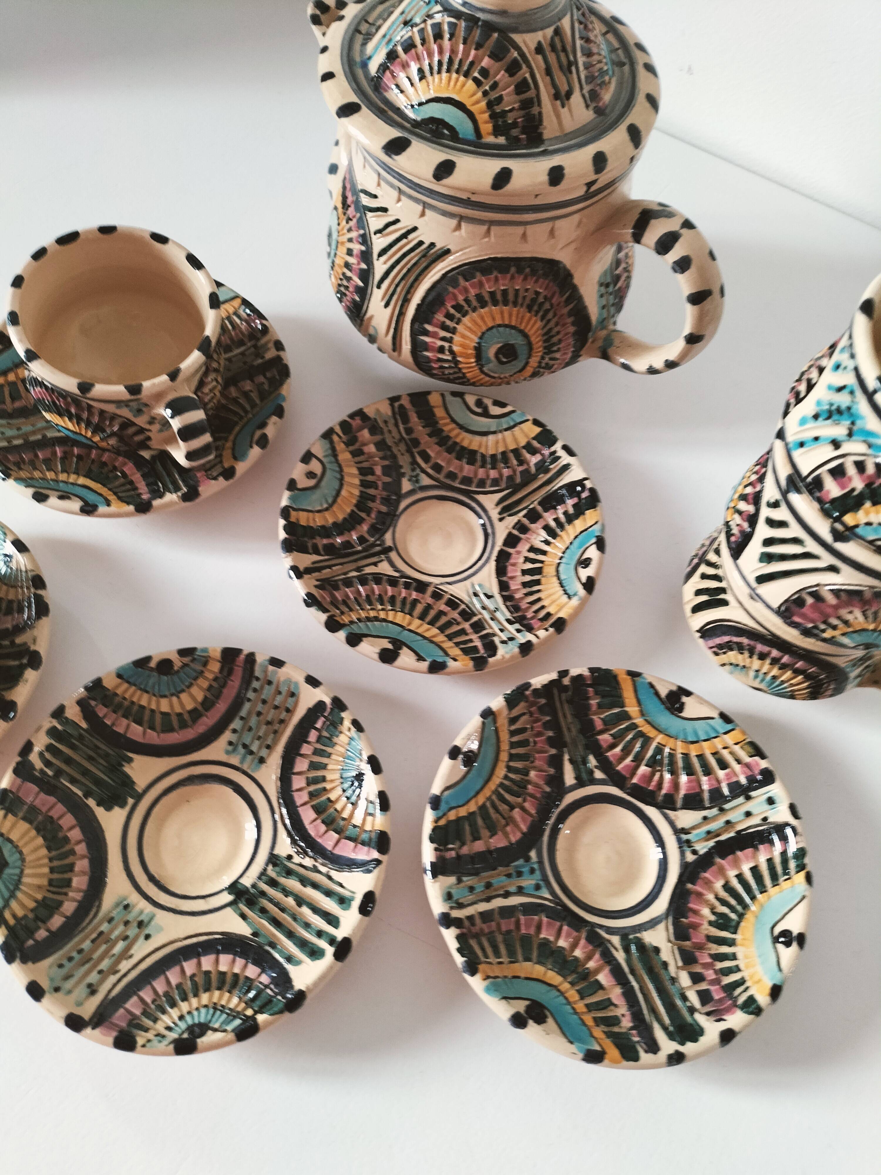 Vintage Moroccan tea set, teapot and 6 cups and saucers