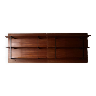 Wall bookcase sideboard in wood and black metal, Scandinavian design 1970