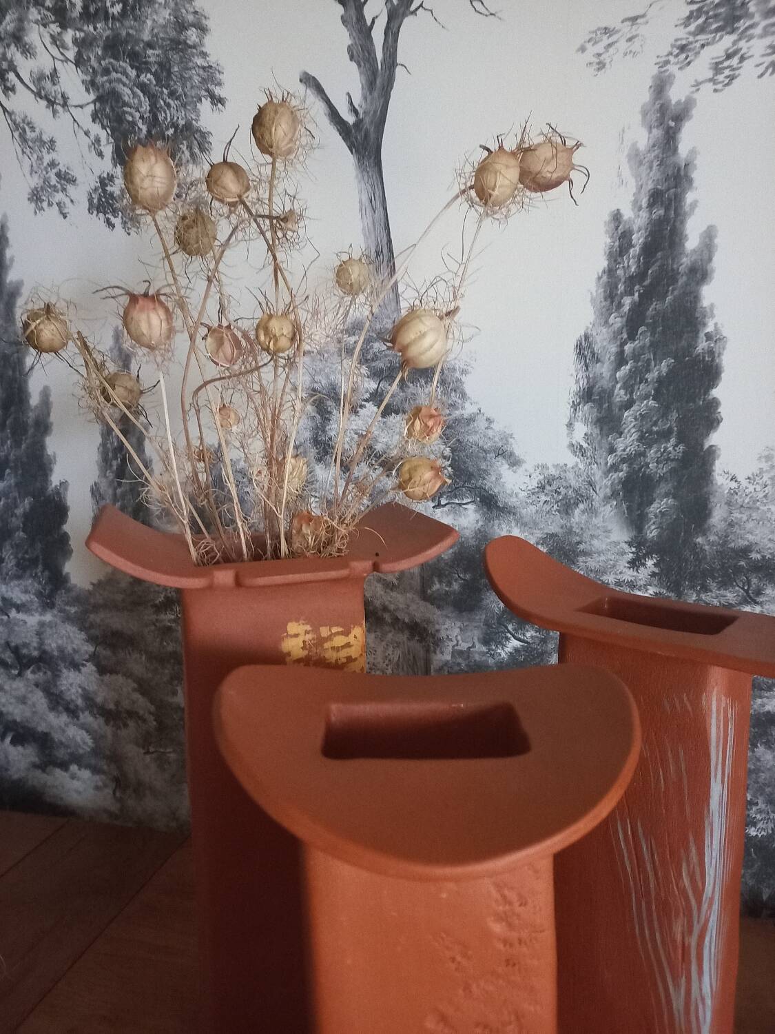 Trio of terracotta vases, unique pieces