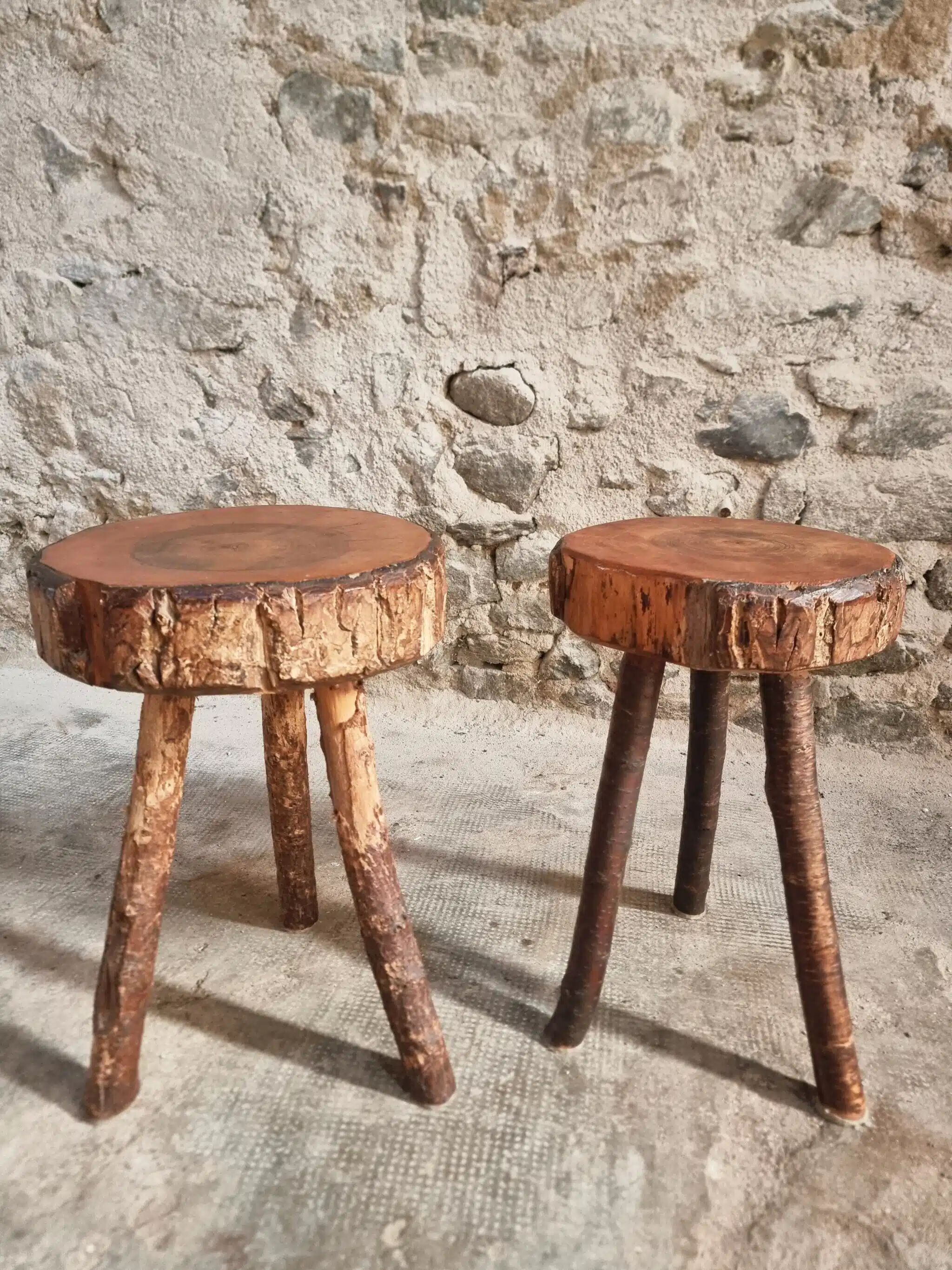 Vintage wooden tripod stools, set of 2, France 1960s