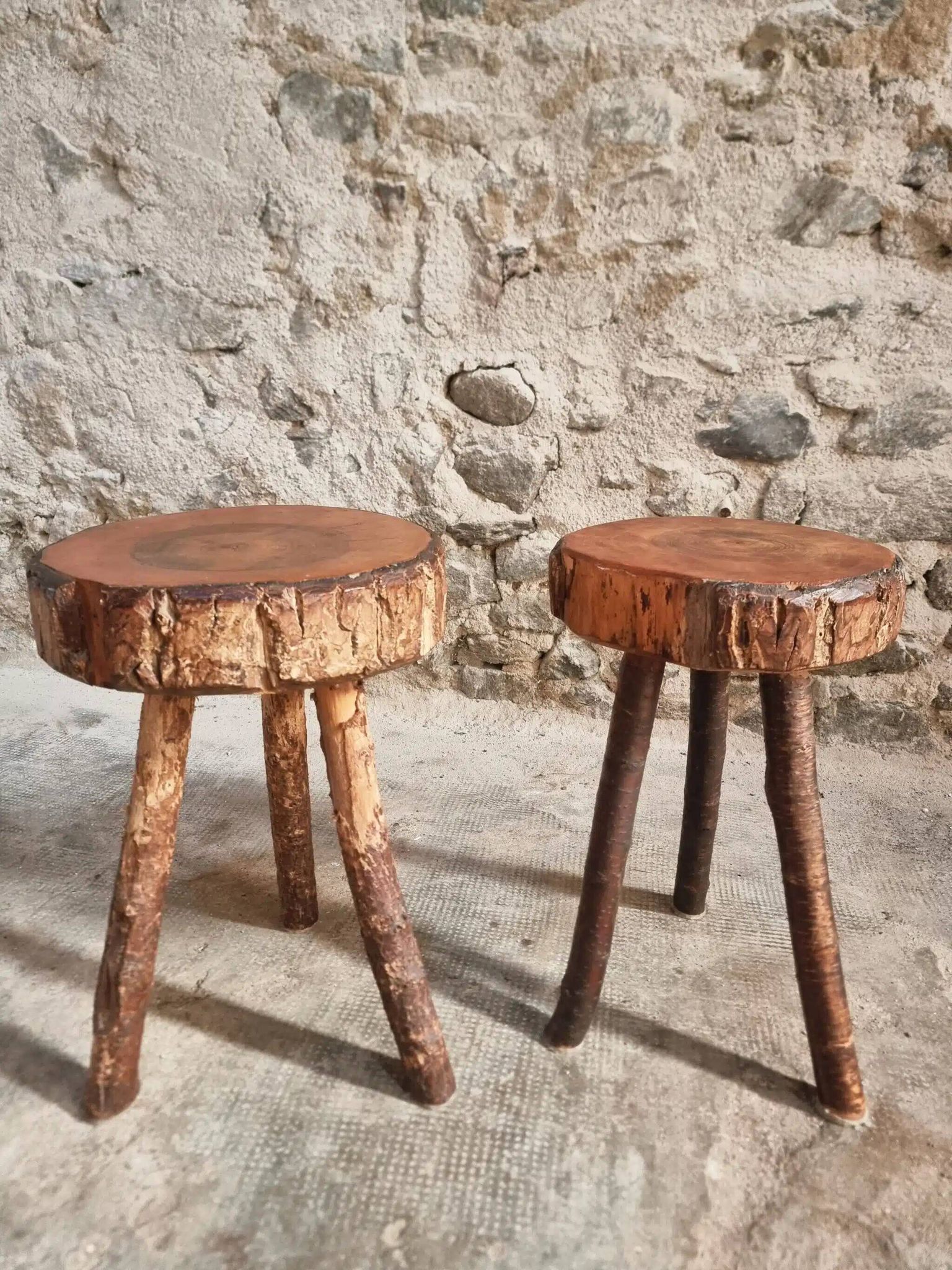 Vintage wooden tripod stools, set of 2, France 1960s