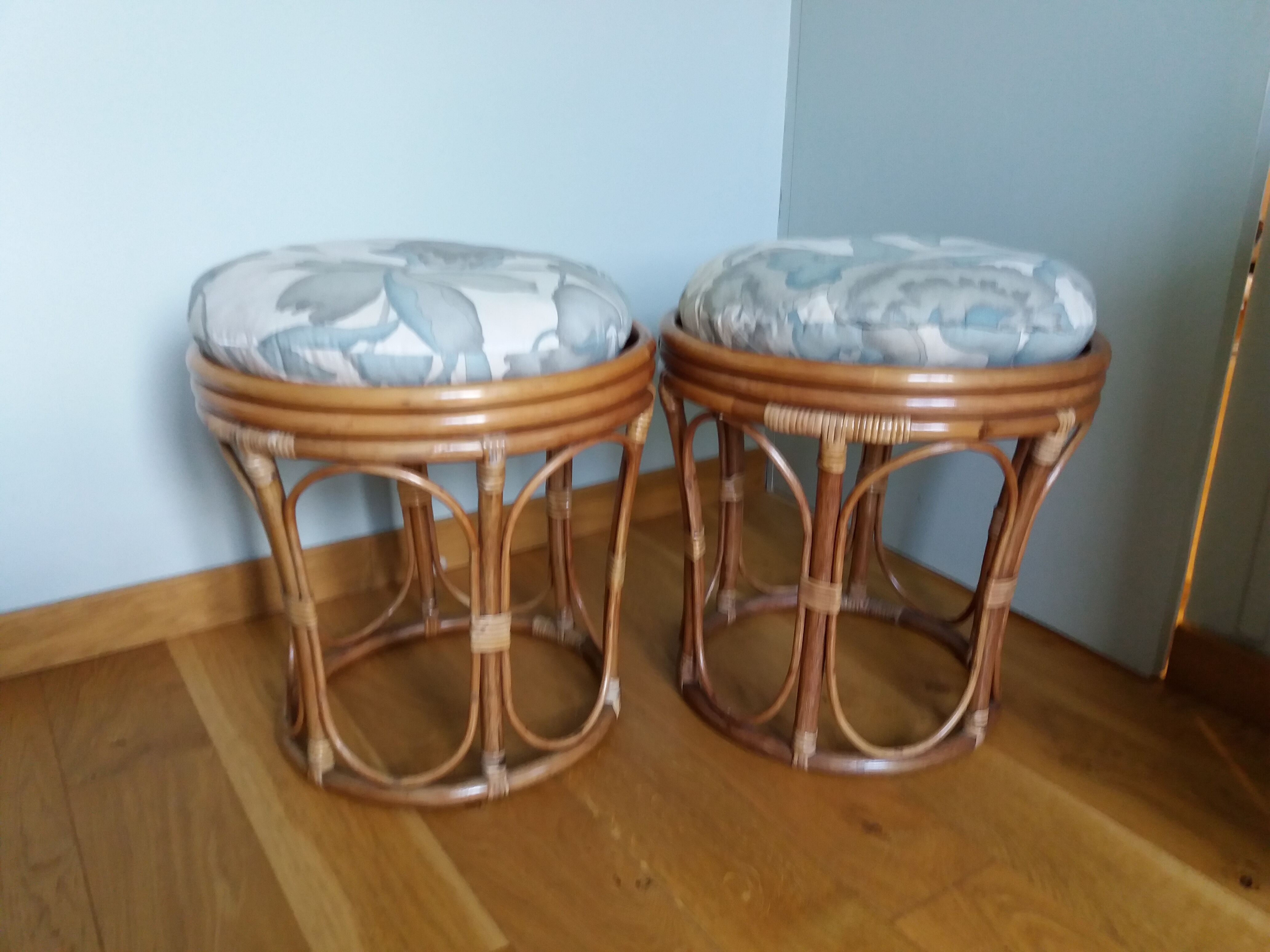 Pair of wicker rattan stool poufs