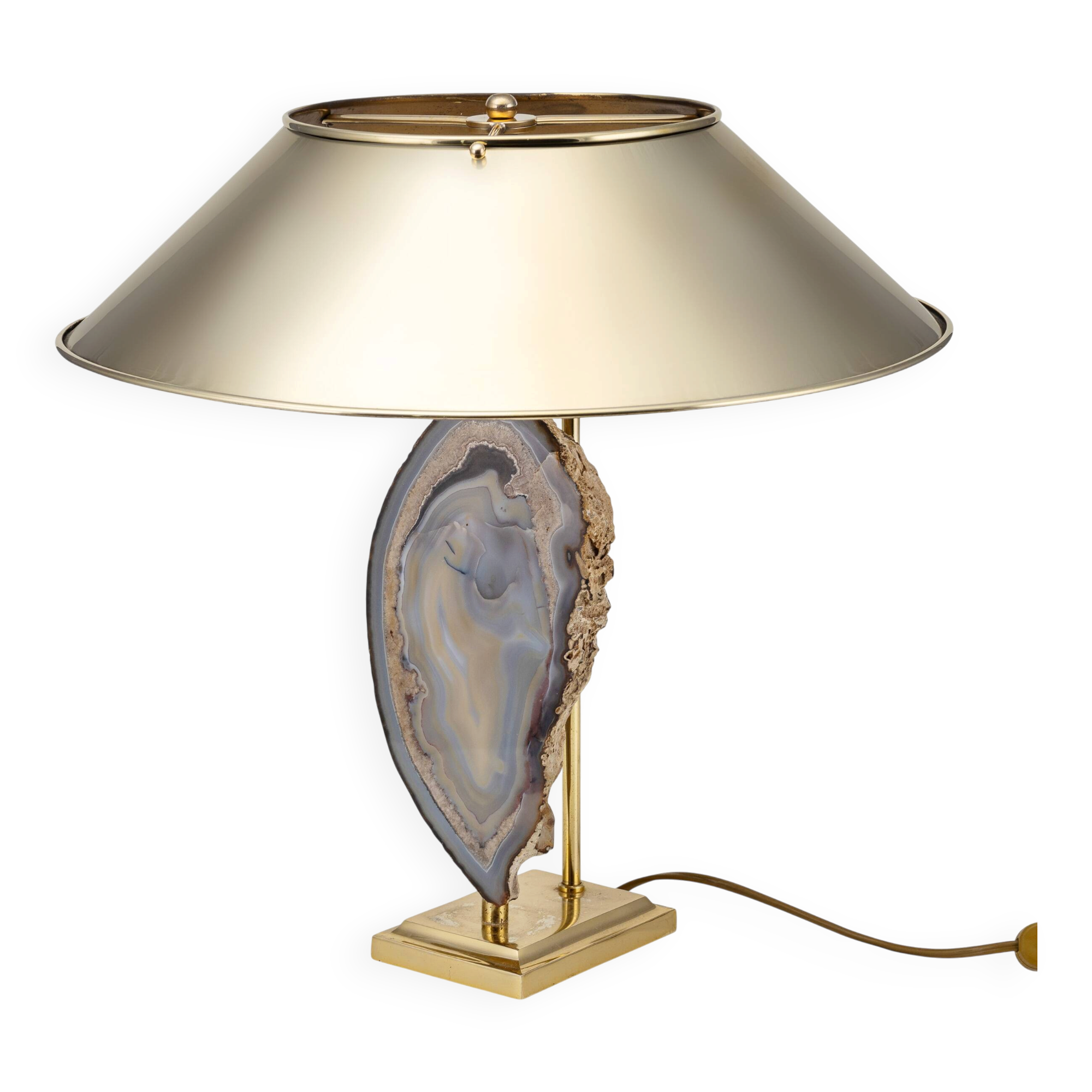 Vintage 20thc agate & brass table lamp by willy daro, belgium c.1970