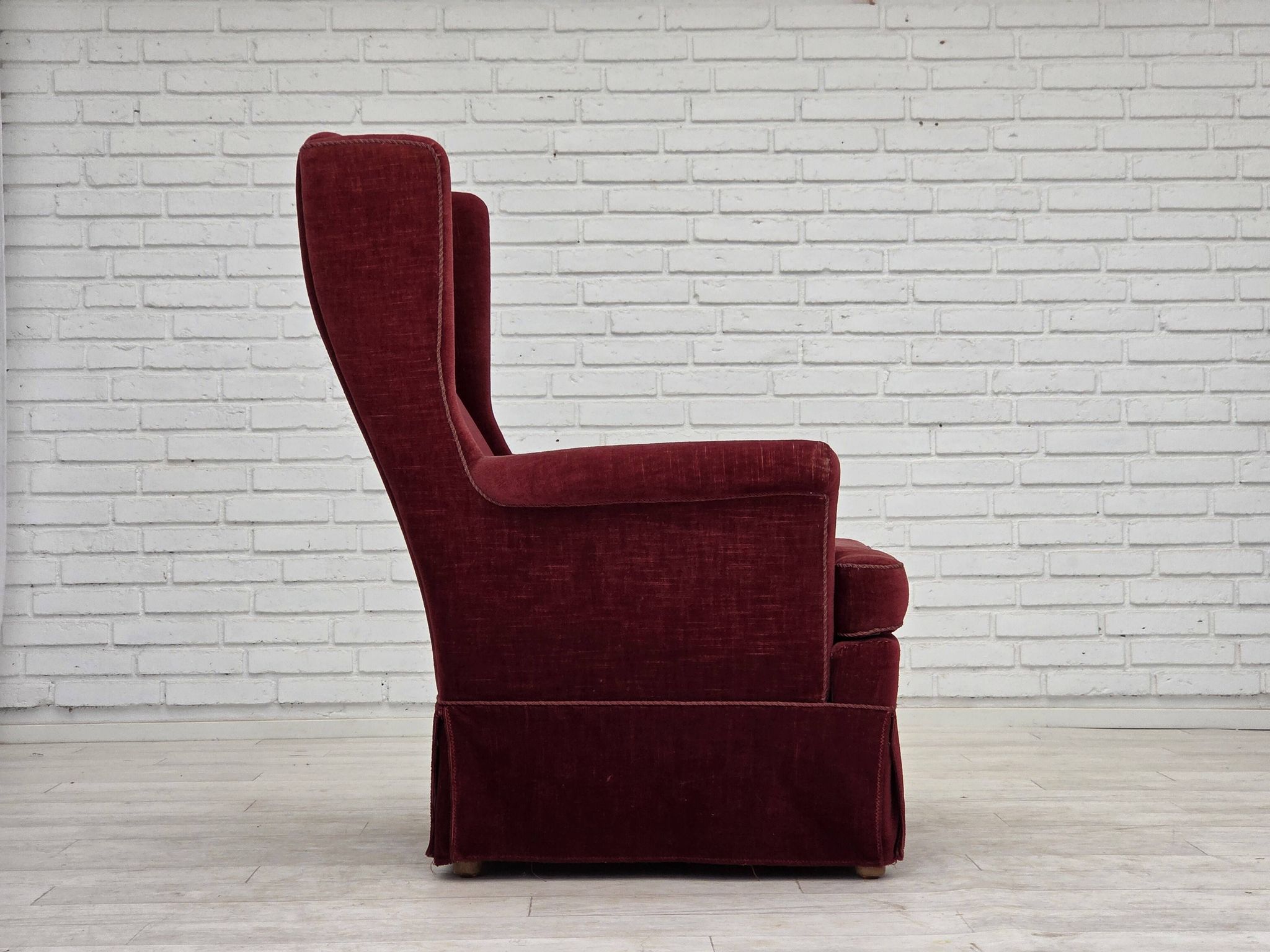 1970s, Danish highback chair, cherry-red furniture velour, ash wood legs.
