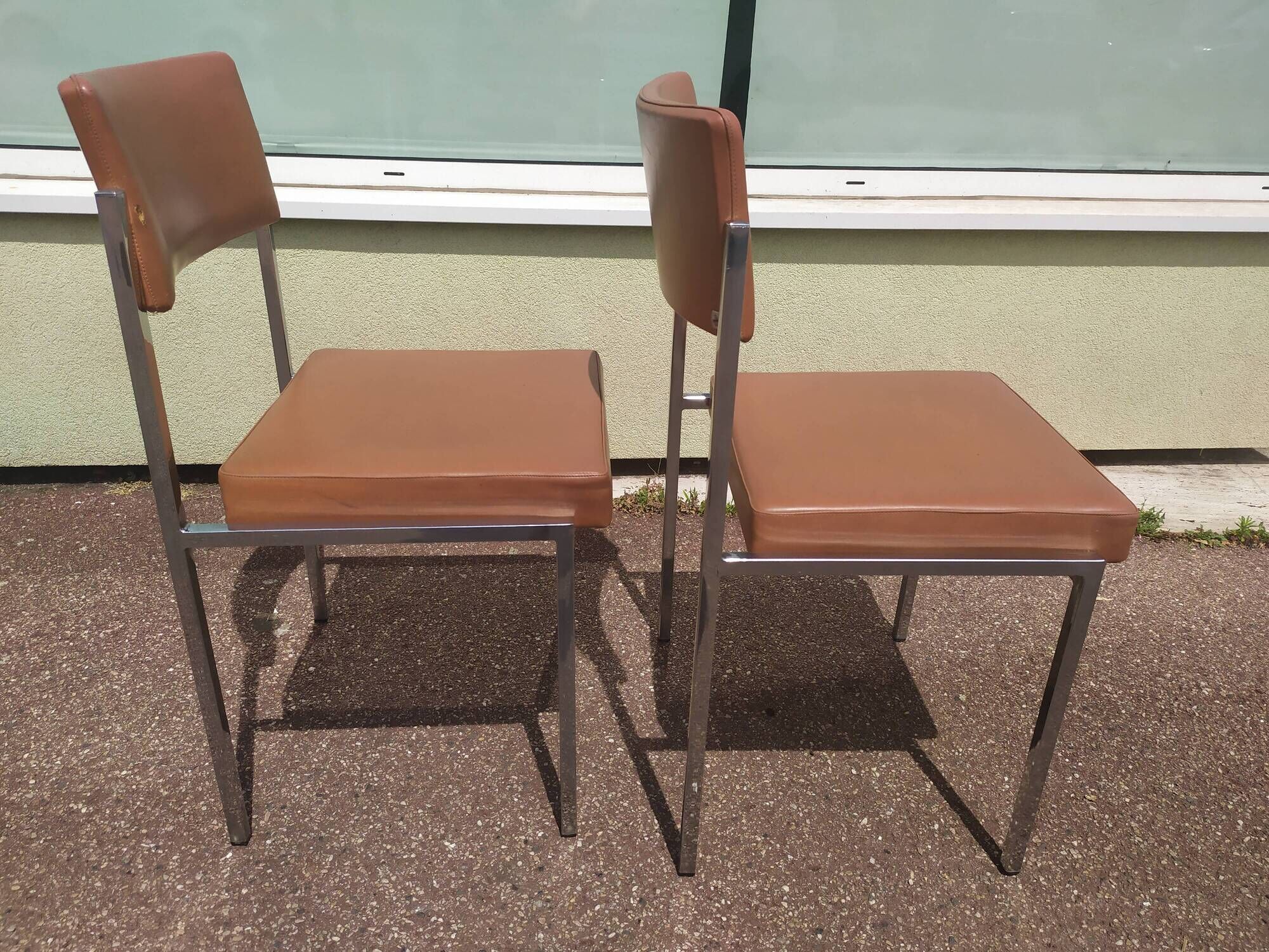 Pair of office chair oem strafor vintage 1960 - chrome skaï brown