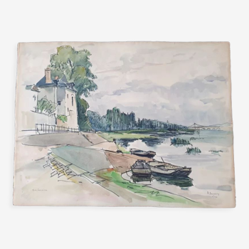 Aquarelle sur papier "Bouchemaine (Maine et Loire)" Signée en bas à droite, André Duculty (1912-1990)