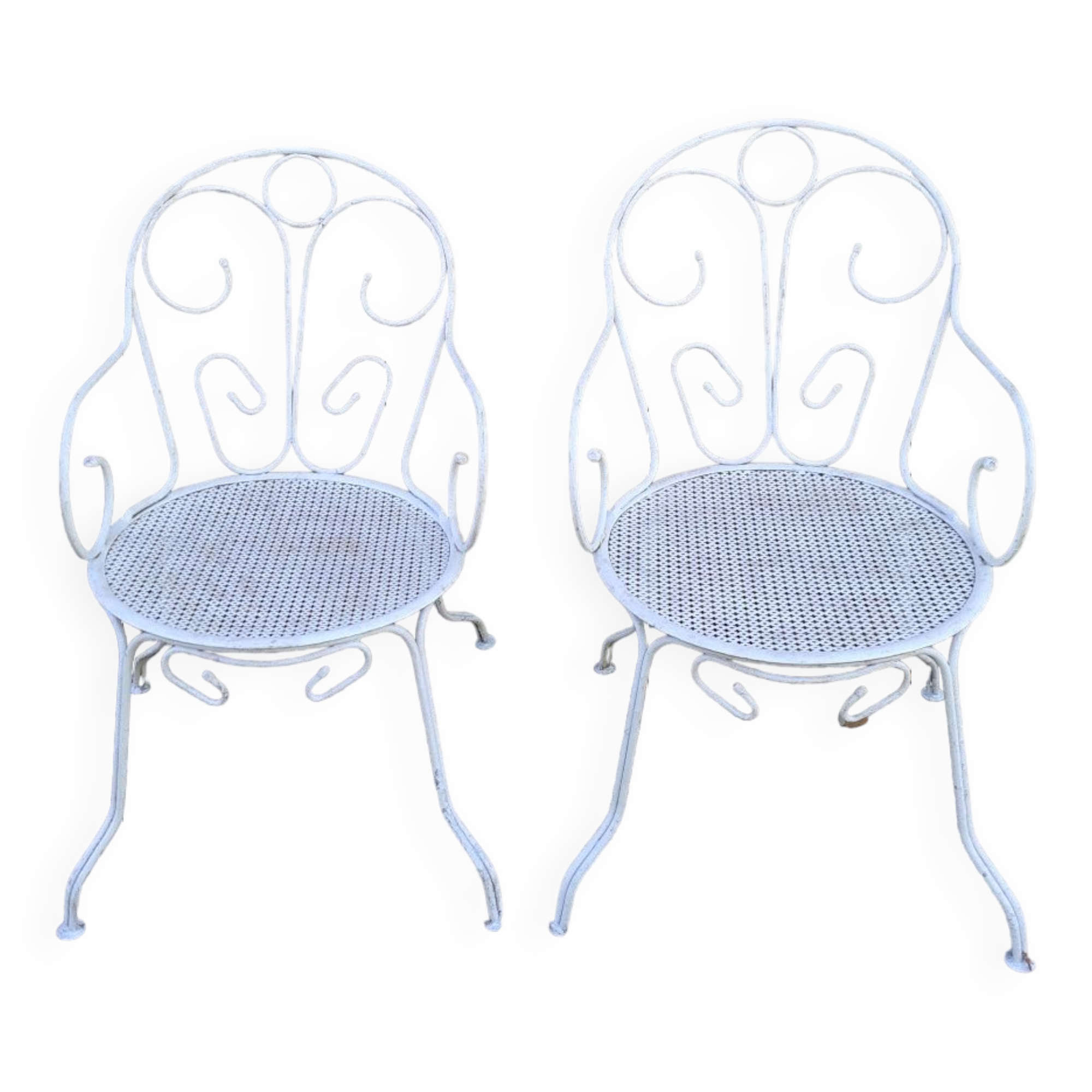 Pair of old white iron armchairs