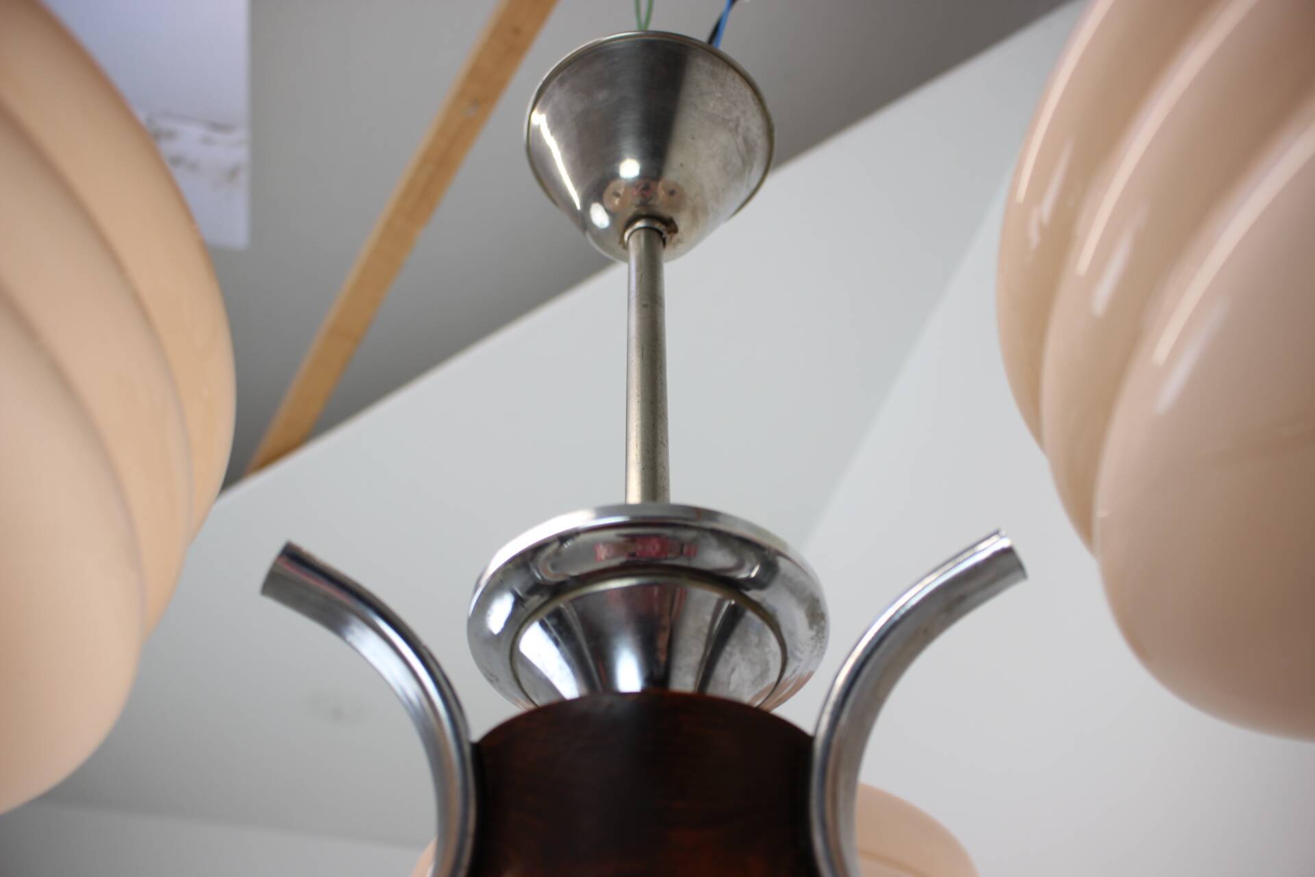 Art Deco Chrome and Pink Glass Chandelier, 1930's, Czechoslovakia