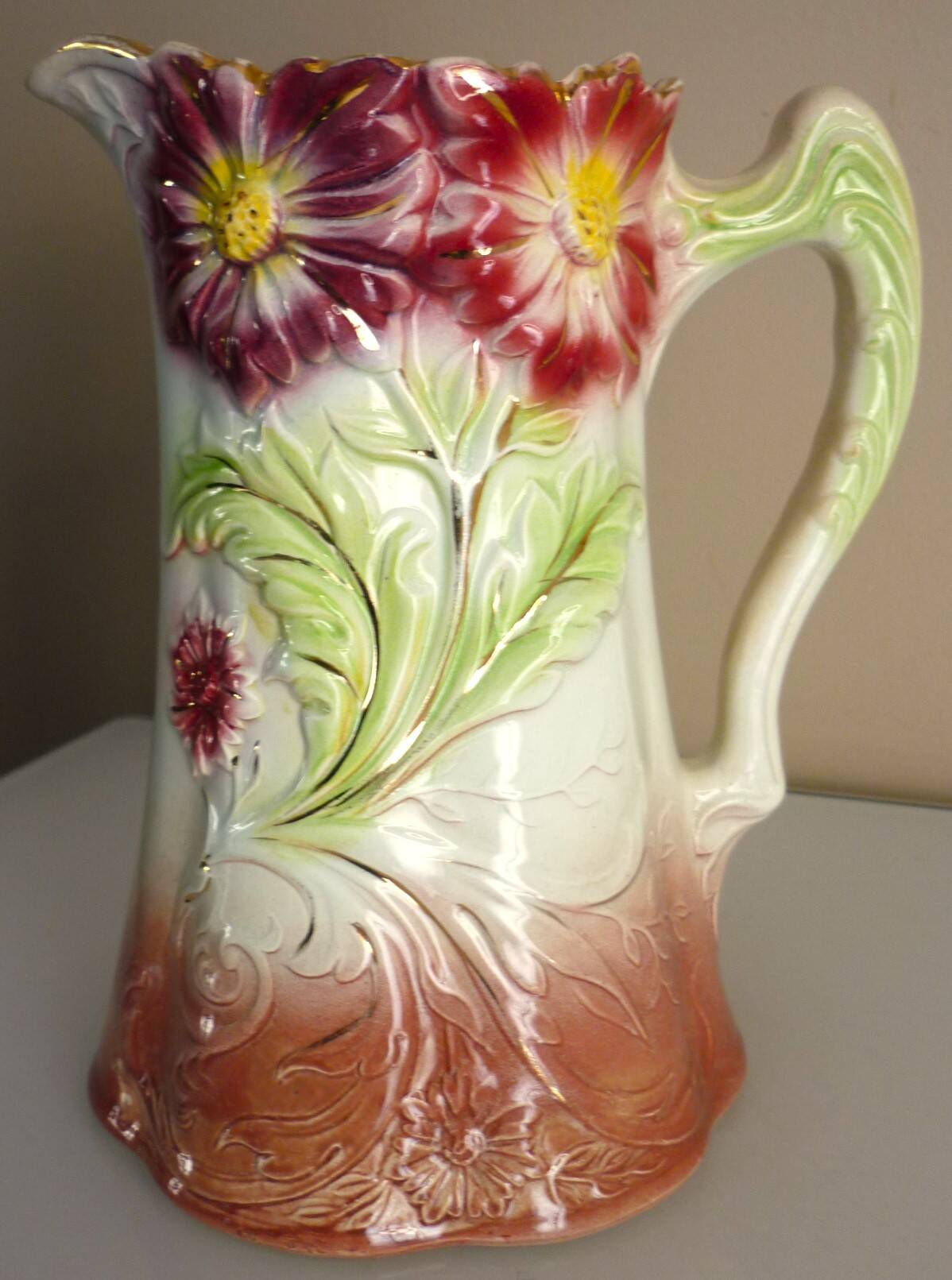 Barbotine pitcher, Onnaing earthenware, art nouveau ceramics, model no. 790