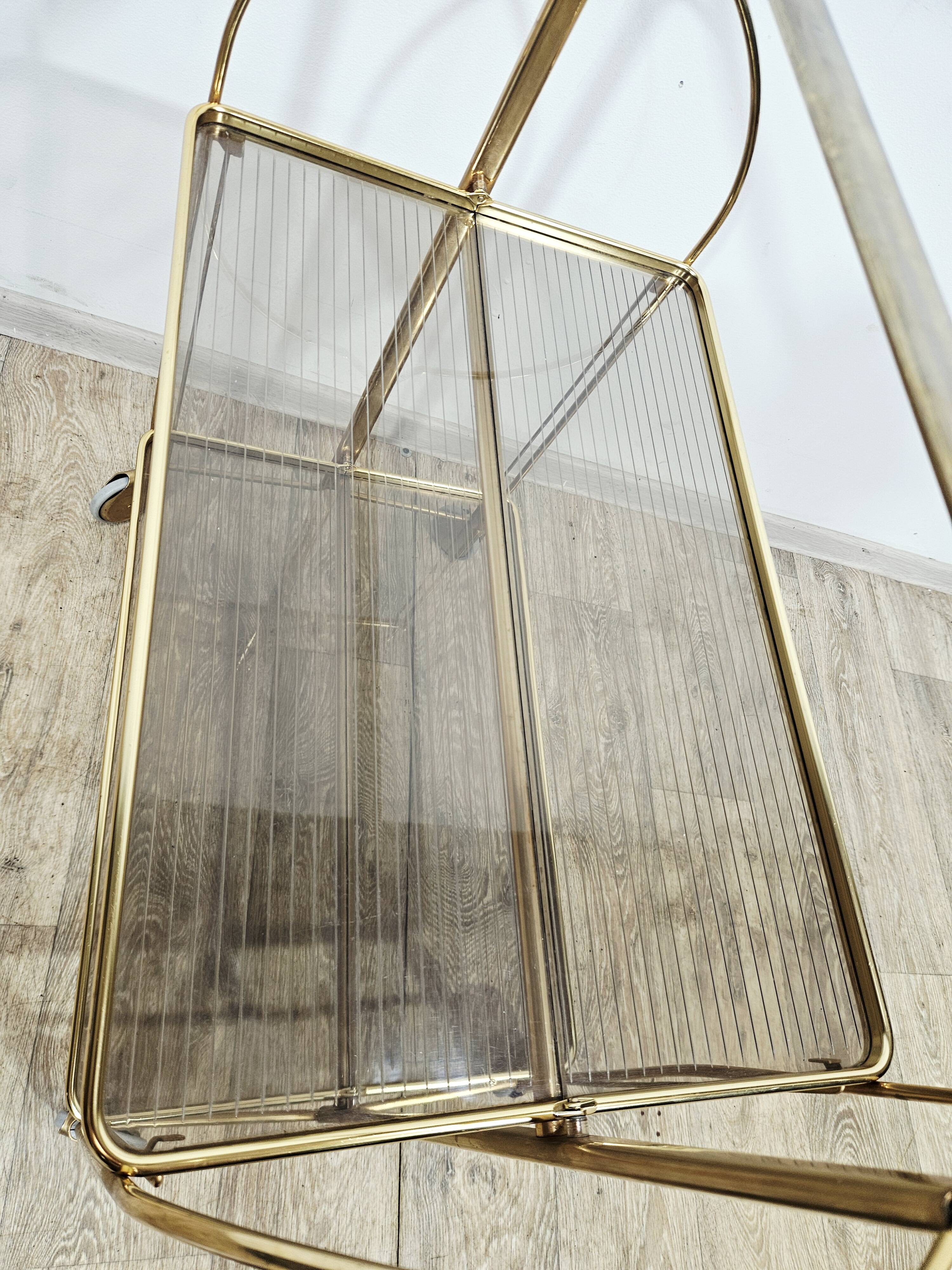Mid-Century Folding Bar Cart – Brass and Ribbed Plexiglass – 1960s