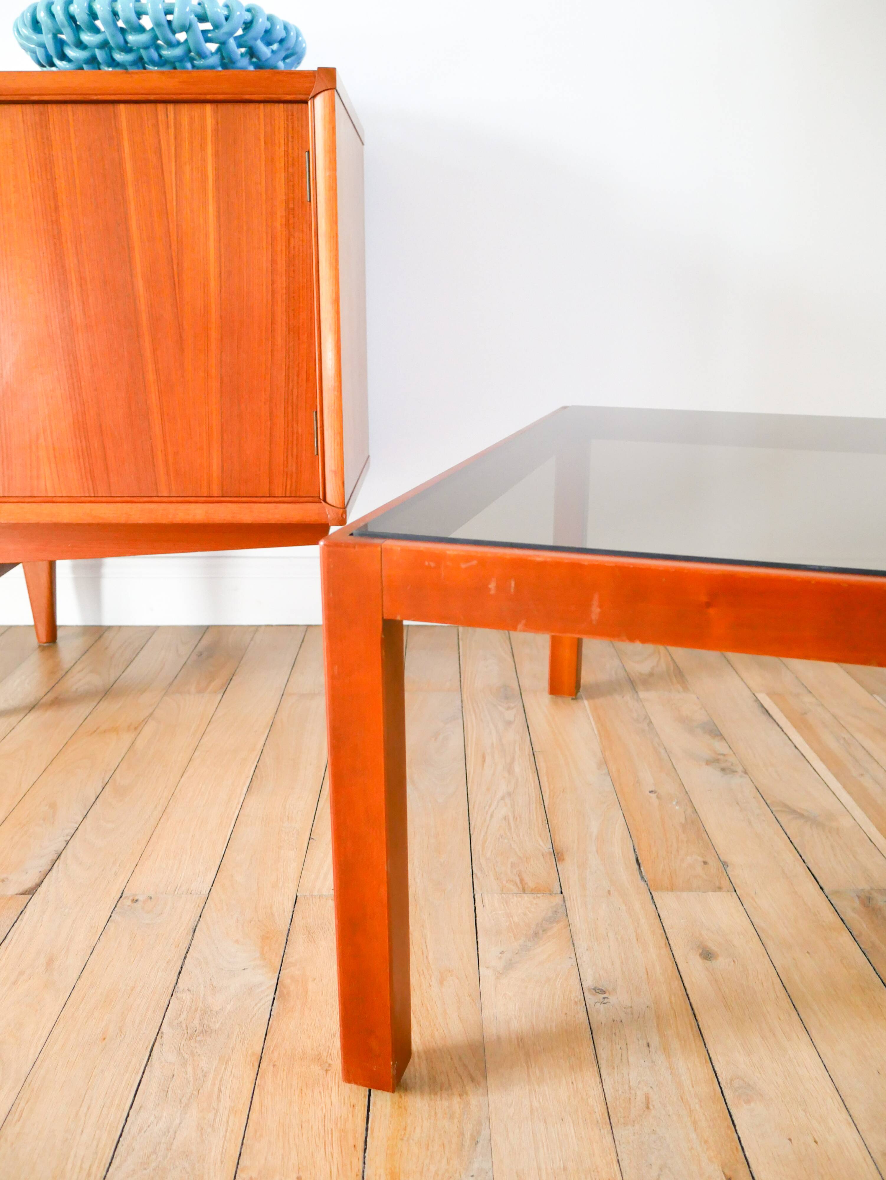 Wood and smoked glass coffee table, Design, 1970