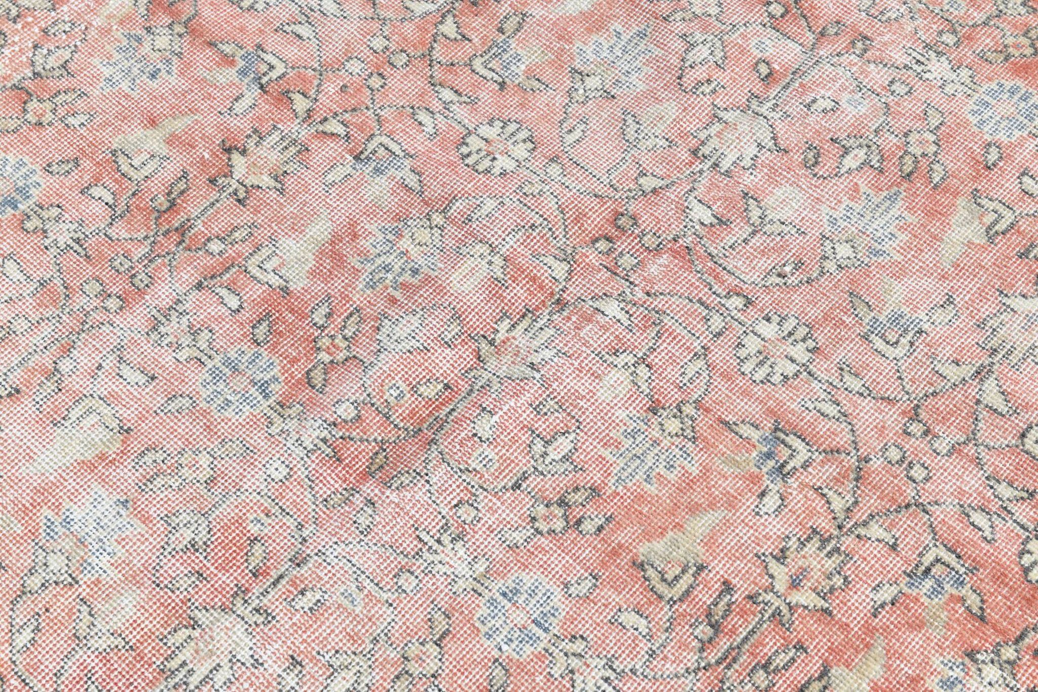 Soft Pink Oversize Vintage Turkish Floral Carpet Rug, 219x313 Cm