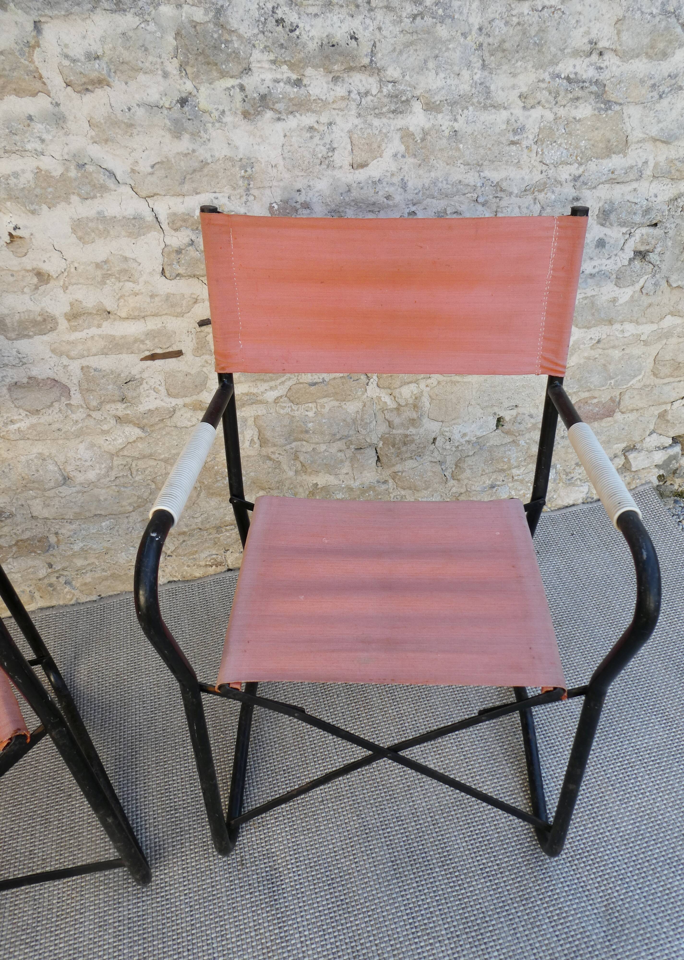 Pair of folding armchairs in metal and fabric 60s