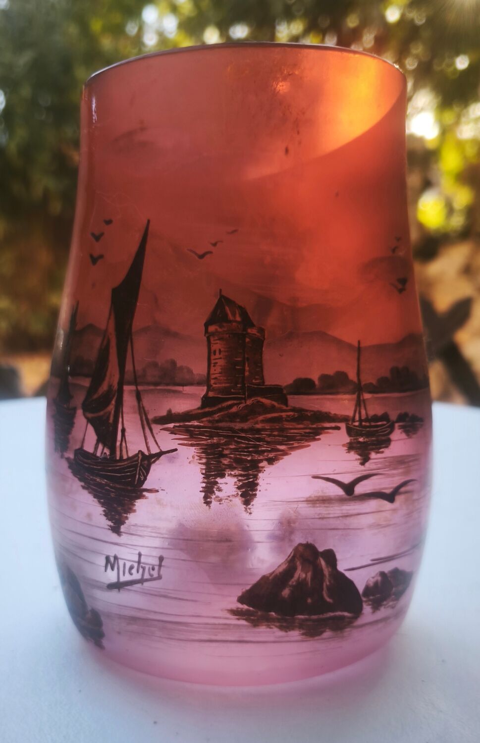Vase signed Michel with a lakeside decoration.