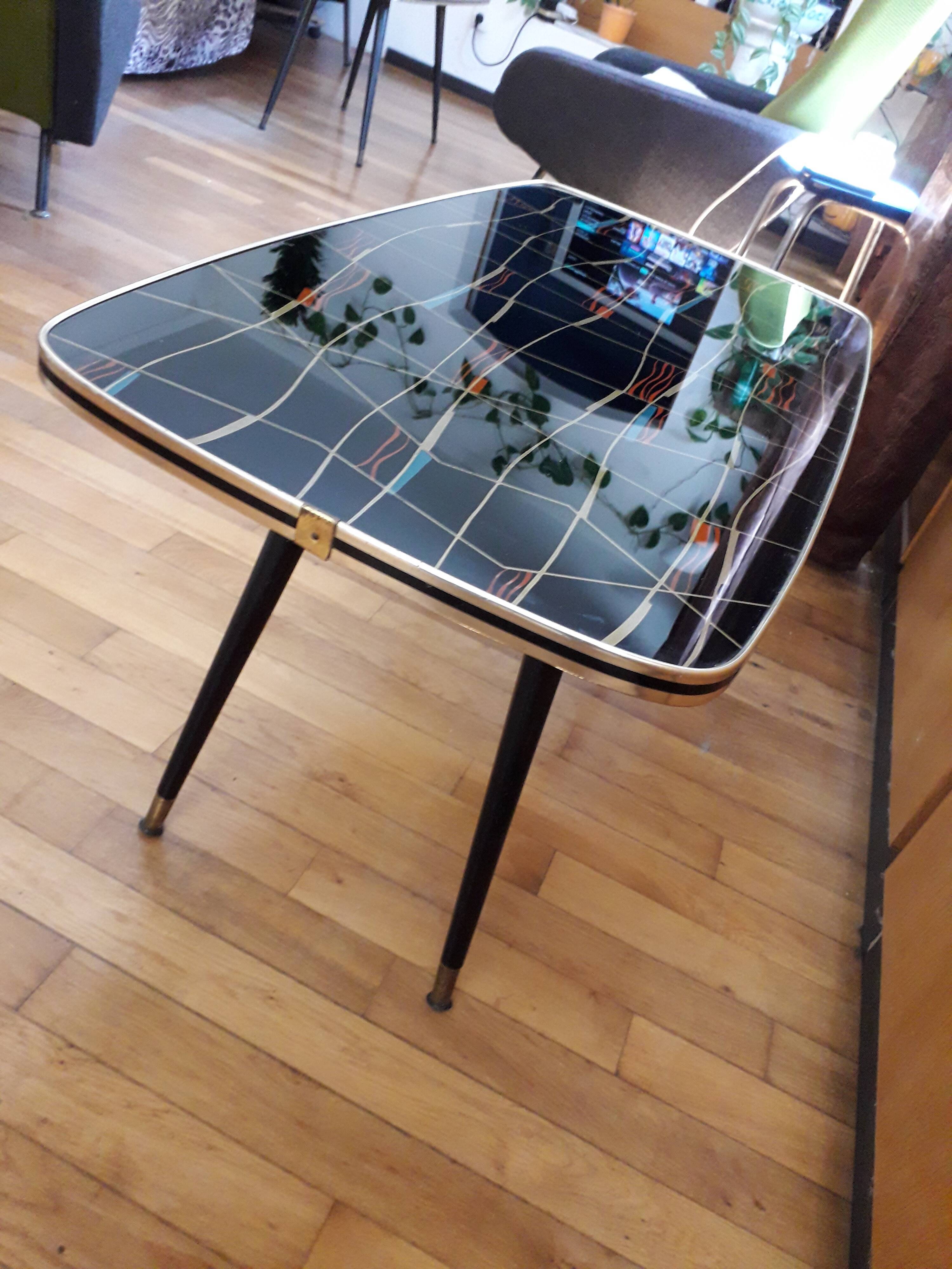 Formica foot compass/glass platter coffee table - vintage 1960