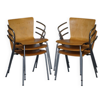Six fauteuils empilables vintage Fritz Hansen Vico Magistretti Duo bois cintré