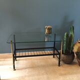 Coffee table in glass  black metal and brass vintage 1950