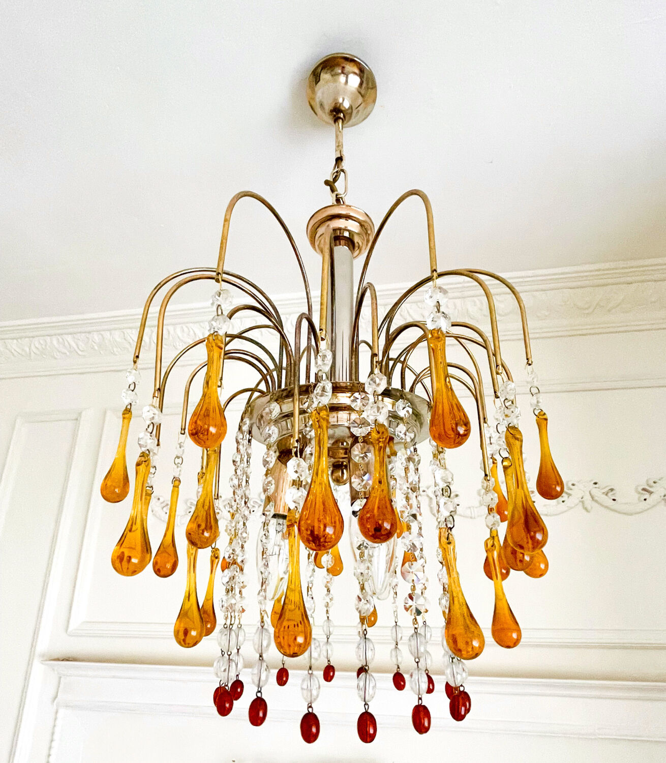 Lustre cascade Murano vintage en verre ambré et cristal, chandelier it