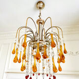 Lustre cascade Murano vintage en verre ambré et cristal, chandelier it