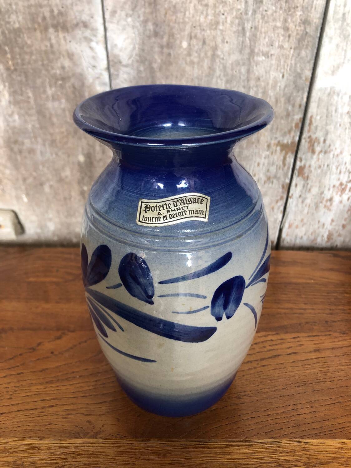 Old Alsace Vase ANNE EHRET Gray Blue Sandstone Decor Vintage Flowers #A766