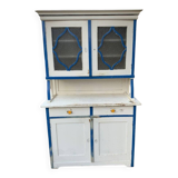 Vintage blue and white kitchen placard made of painted wood and glass, 1930s, double section.