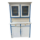 Placard de cuisine vintage bleu et blanc en bois peint et verre, 1930s, double partie