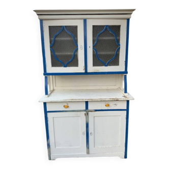 Vintage blue and white kitchen placard made of painted wood and glass, 1930s, double section.