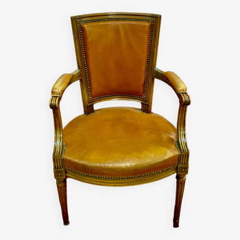 Fauteuil de bureau style Louis XVI, cuir fauve