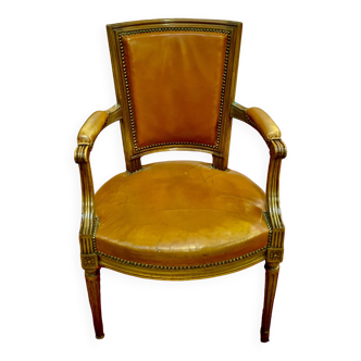 Fauteuil de bureau style Louis XVI, cuir fauve