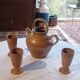 Iridescent carafe and 3 stoneware mazagrans from Digouin. Handmade work.