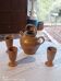 Iridescent carafe and 3 stoneware mazagrans from Digouin. Handmade work.