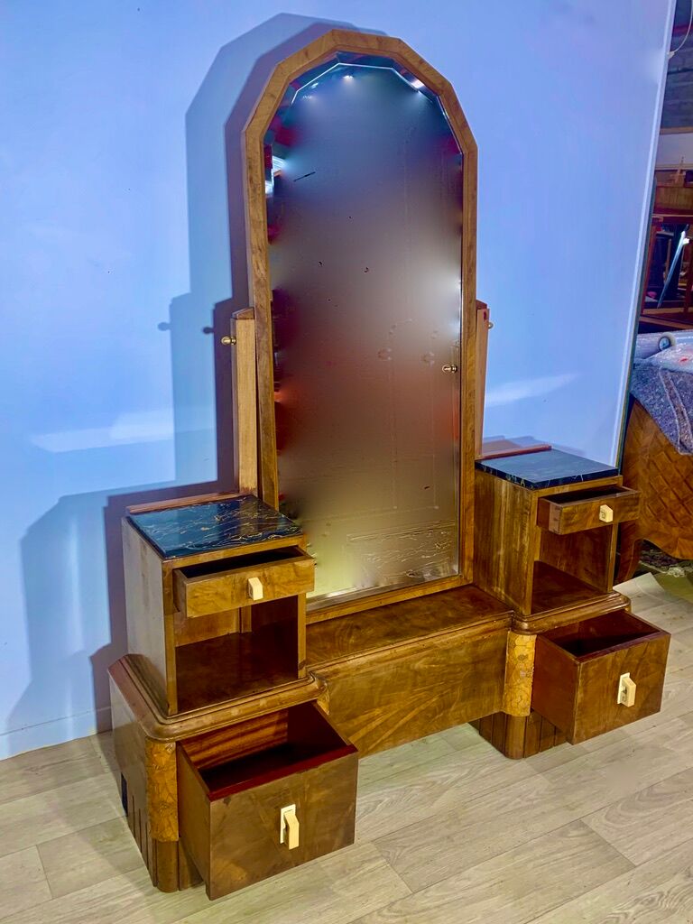 Dressing table art deco 1920 walnut magnifying glass portor marble