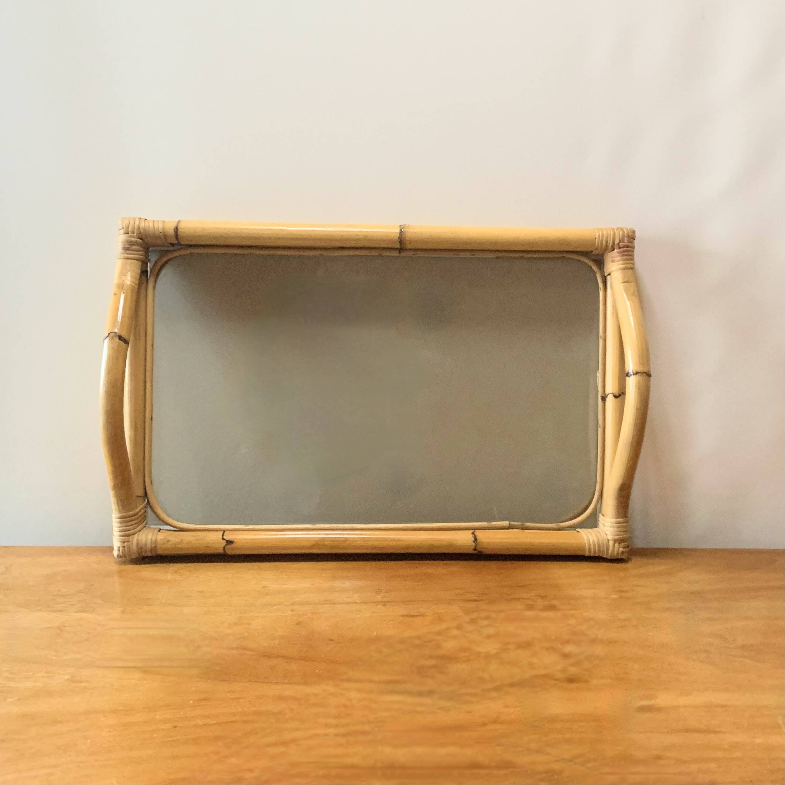 Large vintage tray in bamboo and smoked glass