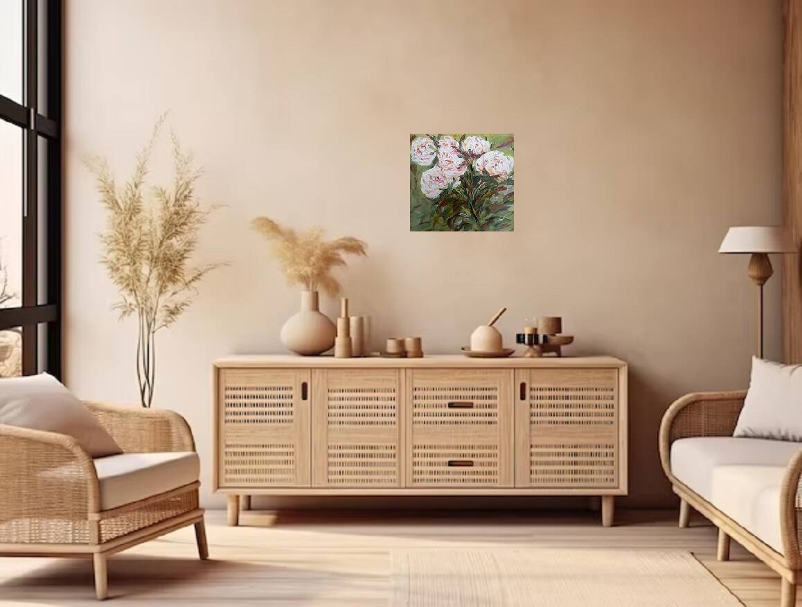 Painting bouquet of flowers, peonies, signed