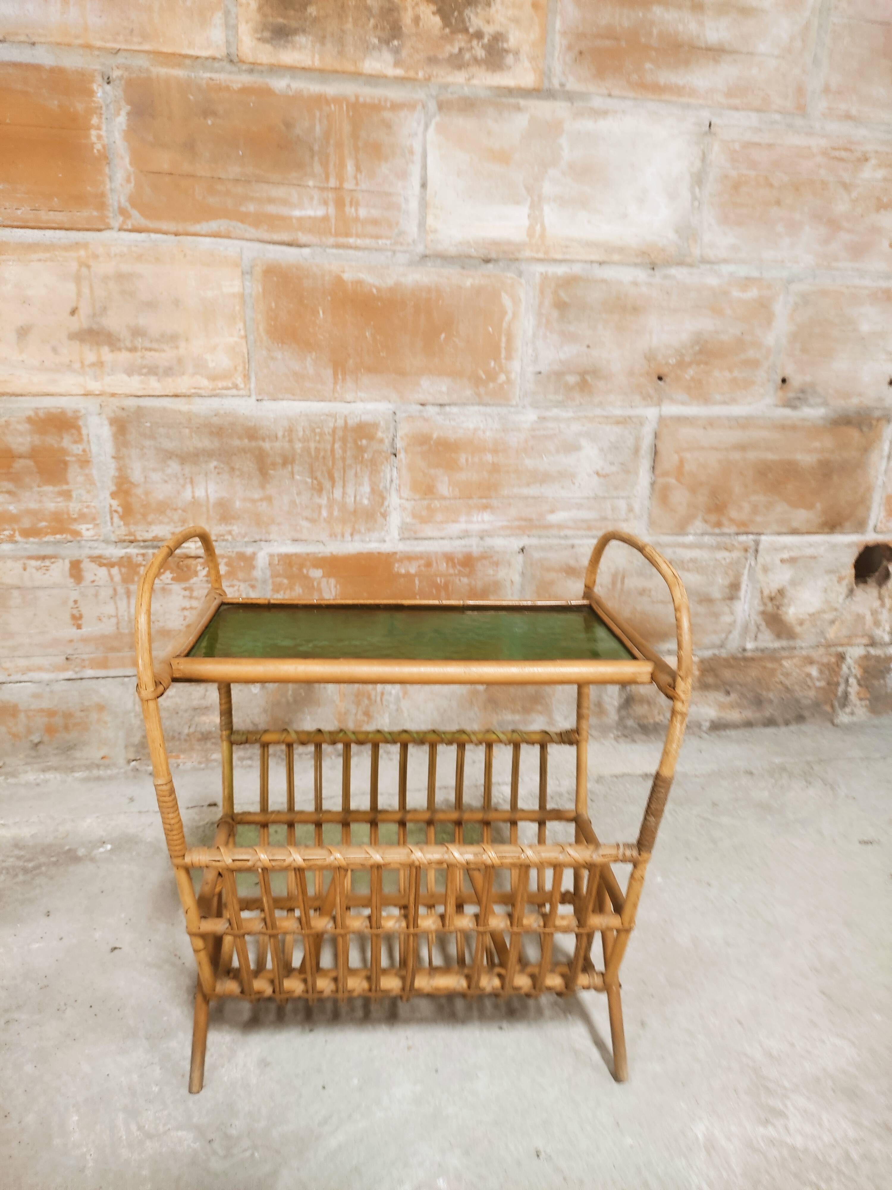 Rattan magazine holder, glass top